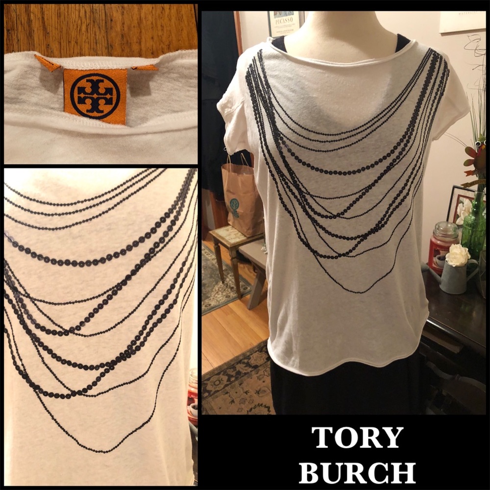 SALE💕SZ M-TORY BURCH WHITE/BLACK SEQUIN TEE